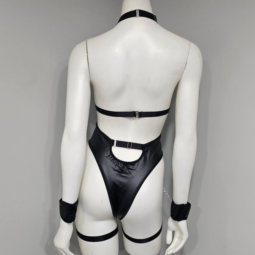 Vegan Leather Bodysuit with Chain and Harness - Picture 4 of 9